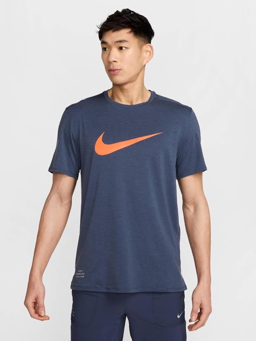 Nike Men's Navy Dri-FIT Crew Tee with Orange Swoosh Size Medium